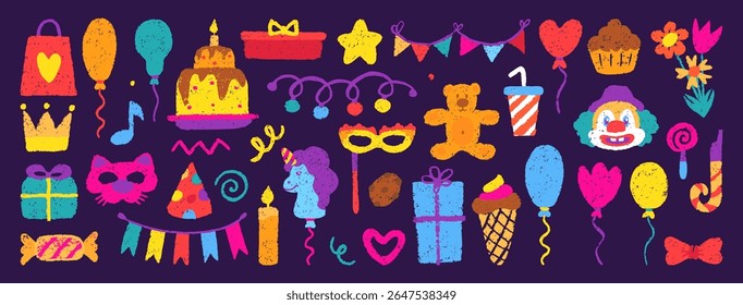Birthday crayon drawn elements. Clown face, carnival masks, sweet desserts and festive garlands. Party balloons, cake with candle, gifts, neoteric vector set