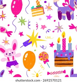 Birthday crayon seamless pattern with hand drawn celebration elements - balloons and cake with candle, candy and gift box, stars and confetti. Childlike textured style scattered on white background.