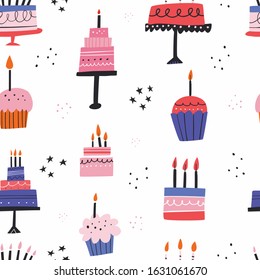 Birthday cream cakes flat vector seamless pattern