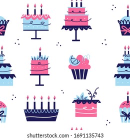 Birthday cream cakes flat vector seamless pattern