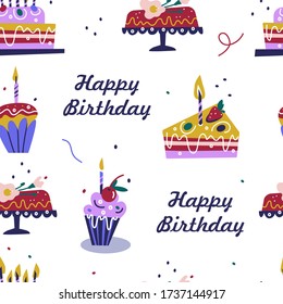 
Birthday cream cakes flat vector seamless pattern. Anniversary desserts with burning candles on white background. Flat cartoon colorful vector illustration.