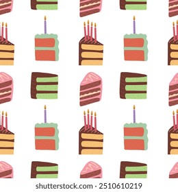 Bolos de creme de aniversário vetor plano sem emenda padrão. Padaria, bolos, sobremesa, doces modelos lineares. Vetores de rabiscar. Ícones de comida, fundo de elementos doces para menu, loja de café. Mão desenhada.