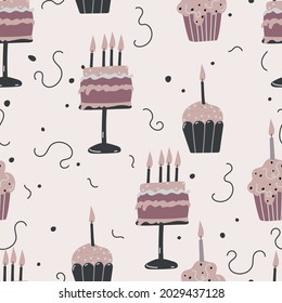 Birthday cream cakes, garlands flat vector seamless pattern. Hand drawn background for a party, holiday
