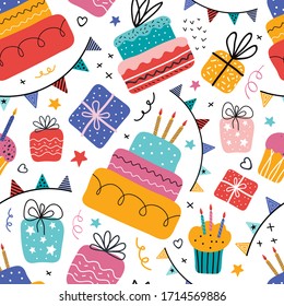 Birthday cream cakes, gift boxes, garlands flat vector seamless pattern. Hand drawn background for a party, holiday for children, festival. Decoration in the Scandinavian style. Party decorative items