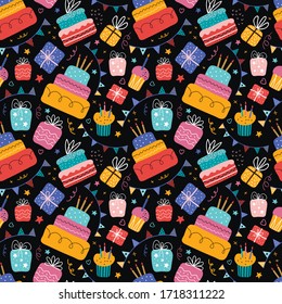 Birthday cream cakes, gift boxes, garlands flat vector seamless pattern. Hand drawn background for a party, holiday for children, festival. Decoration in the Scandinavian style. Party decorative items