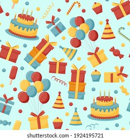 Birthday cream cakes, gift boxes, garlands flat vector seamless pattern. Hand drawn background for a party, holiday