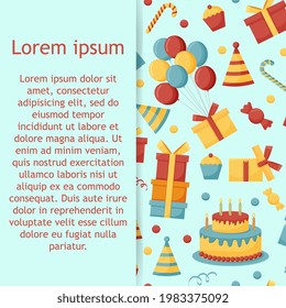 Birthday cream cakes, gift boxes, garlands flat vector seamless pattern. Hand drawn background for a party, holiday 