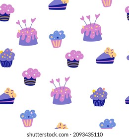 Birthday cream cakes seamless pattern. Muffins cakes and candles. Background for fabric, wrapping paper, textile, wallpaper and apparel. Greeting cards, invitations. Hand draw vector illustration.