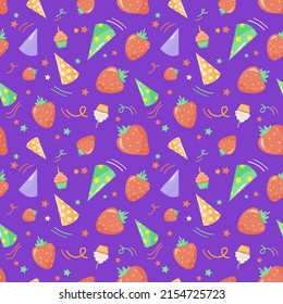 Birthday cream cupcake, strawberries, party hats flat vector seamless pattern. Hand drawn background for party, holiday for kids, wrapping paper. 
