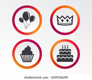 Birthday crown party icons. Cake and cupcake signs. Air balloons with rope symbol. Infographic design buttons. Circle templates. Vector