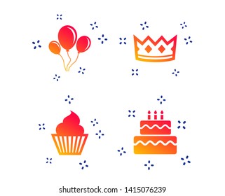 Birthday crown party icons. Cake and cupcake signs. Air balloons with rope symbol. Random dynamic shapes. Gradient birthday icon. Vector