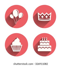 Birthday crown party icons. Cake and cupcake signs. Air balloons with rope symbol. Pink circles flat buttons with shadow. Vector