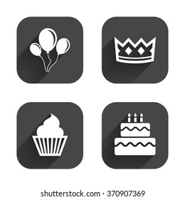 Birthday crown party icons. Cake and cupcake signs. Air balloons with rope symbol. Square flat buttons with long shadow.