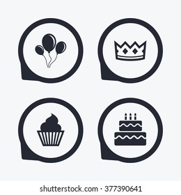 Birthday crown party icons. Cake and cupcake signs. Air balloons with rope symbol. Flat icon pointers.