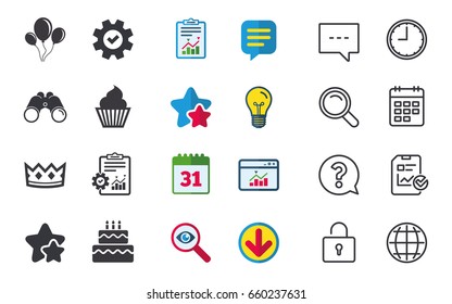 Birthday crown party icons. Cake and cupcake signs. Air balloons with rope symbol. Chat, Report and Calendar signs. Stars, Statistics and Download icons. Question, Clock and Globe. Vector