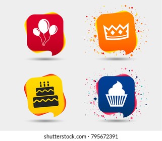 Birthday crown party icons. Cake and cupcake signs. Air balloons with rope symbol. Speech bubbles or chat symbols. Colored elements. Vector