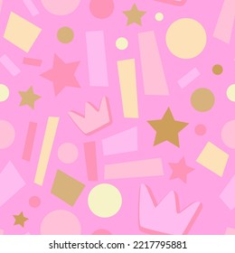 Birthday crown and stars confetti seamless pattern for wrapping paper, packaging, card, stationery or notebook cover.