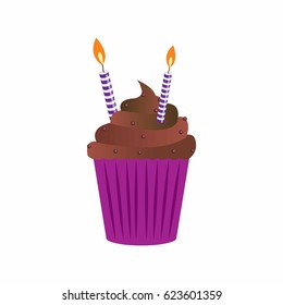 birthday cup cake with beautiful garnish and candles. vector illustration