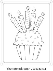 Birthday cup cake with candles suitable for children's coloring page vector illustration