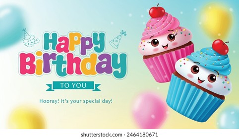 Birthday cup cake characters vector template design. Happy birthday greeting text with cupcake strawberry and muffin blue berry character for invitation card background. Vector illustration birthday 