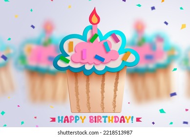 Birthday Cup Cake Vector Design. Happy Birthday Greeting Text With Paper Cut Cupcake Elements In Blurred Background. Vector Illustration.