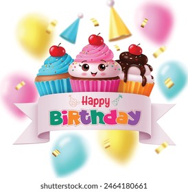 Birthday cup cake vector template design. Happy birthday greeting text in ribbon space for typography with cute cupcake character, strawberry, blueberry and chocolate flavors muffin. Vector 