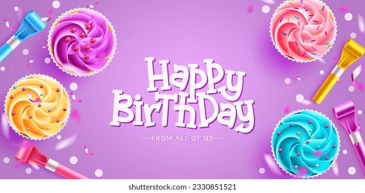 Birthday cup cakes vector background design. Happy birthday greeting text with cupcake and party horn in purple decoration for birth day flat lay messages. Vector illustration.
