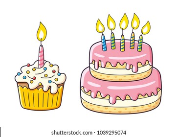 Birthday cupcake and big cake with candles isolated