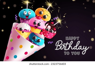 Birthday cupcake bouquet vector design. Happy birthday greeting text with cup cake characters and emoji in party hat elements. Vector illustration smiley cake decoration.