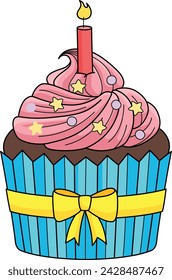 Birthday Cupcake with Candle Cartoon Clipart 