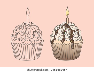 Birthday cupcake with candle and chocolate icing. isolated image of a sweet dessert