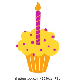 Birthday cupcake with candle. Dessert with cream and sponge, cut piece with berries and candle. Sweet pastry, confectionery. Flat vector illustration isolated on white background