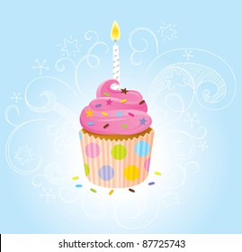 Birthday cupcake with candle and doodle