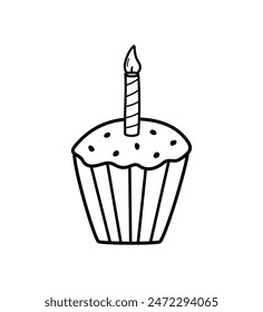 Birthday cupcake with candle doodle icon. Vector illustration of the holiday concept, sweet dessert baking cakes and cream. Isolated on white.