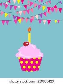 Birthday cupcake with candle with flags banner.  EPS10 vector format.