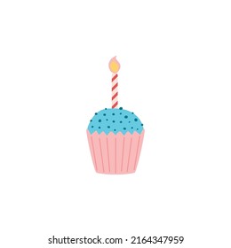Birthday cupcake with candle flat style, vector illustration isolated on white background. Holiday party element, congratulation, blue sweets in pink wrapping