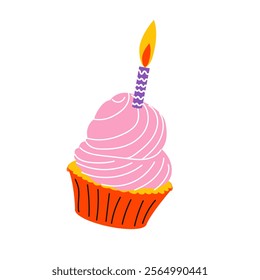 Birthday cupcake with candle icon vector. Delicious sweet icon isolated on a white background Birthday bakery with burning candle drawing For poster, greeting card, invitation flyer, banner invitation