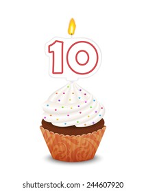 Birthday cupcake with candle number ten shape
