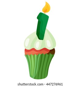 Birthday cupcake with candle numbers one icon in cartoon style on a white background