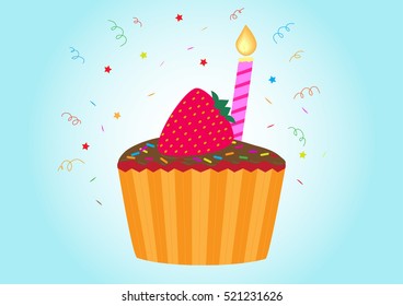 Birthday cupcake, candle  and a strawberry on top