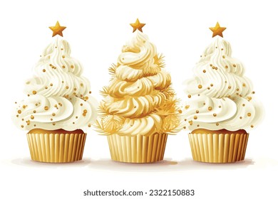 Birthday cupcake with candles, christmas tree cupcakes recipe gold and white color vector art illustration on white background.