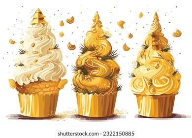 Birthday cupcake with candles, christmas tree cupcakes recipe gold and white color vector art illustration on white background.