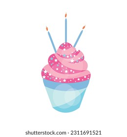 Birthday cupcake with candles on white background