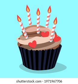 Birthday cupcake. Celebratory cupcake with candles. Hearts 