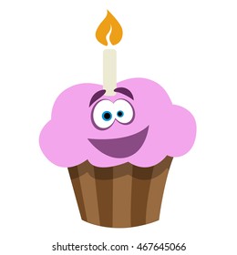 Birthday cupcake character smiling.