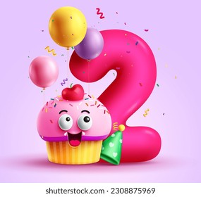 Diseño vectorial del personaje de la tarta de cumpleaños. Bizcocho de cumpleaños y elementos de muffin con el globo de fiesta número 2. Concepto de decoración de fiesta de Vector Illustration.