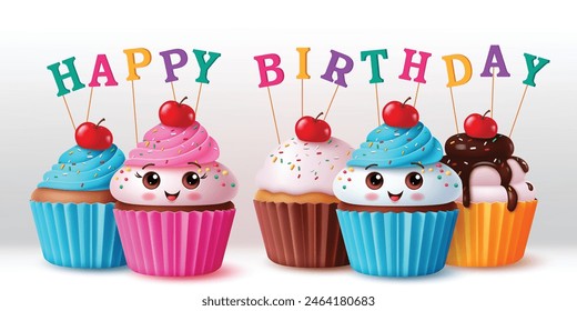 Birthday cupcake characters vector set design. Happy birthday cake toppers greeting text in cute strawberry and blueberry muffin flavors for girl and boy party elements. Vector illustration birth day 