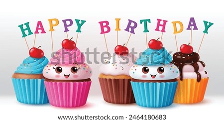 Birthday cupcake characters vector set design. Happy birthday cake toppers greeting text in cute strawberry and blueberry muffin flavors for girl and boy party elements. Vector illustration birth day 