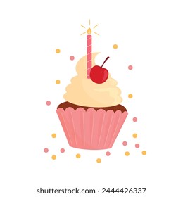 Birthday cupcake with cherry, candle and confetti. Greeting card. Vector illustration on white background.