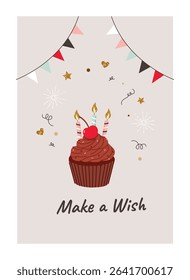 Birthday Cupcake with Cherry and Candles Vector Illustration.